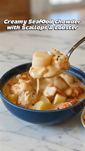 🦞 Creamy Seafood Chowder with Scallops & Lobster A rich, velvety seafood chowder loaded with tender scallops, sweet lobster, and hearty potatoes in a creamy, flavorful broth. Perfect for a cozy dinner or an elegant meal. 🛒 Ingredients (Serves 4–6) 🦐 Seafood: 1 lobster tail, cooked and chopped 1 cup sea scallops ½ lb shrimp, peeled & deveined (optional but recommended) 🥔 Vegetables: 2 medium Yukon gold potatoes, diced 1 small onion, finely diced 1 celery stalk, finely chopped 1 small carrot, 