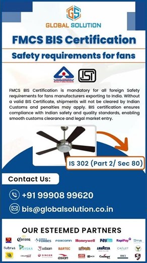 FMCS BIS Certification for Safety Requirements of Fans | IS 302 Part 2 Sec 80