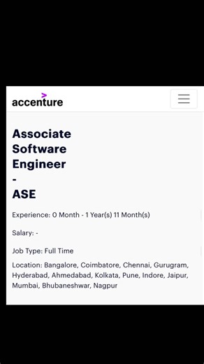 Learning Platform on Instagram: "*Accenture is Hiring* Role: Associate Software Engineer (ASE) Salary: Expected 4.5 LPA to 6.5 LPA Qualifications: 2025 & earlier batch graduates Location: Bangalore, Chennai, Hyderabad, Pune, Mumbai, Kolkata, Gurugram, Ahmedabad, Jaipur, Bhubaneshwar, Indore, Nagpur, Coimbatore 📌 *Apply Link*: https://indiacampus.accenture.com/myzone/accenture/1/jobs/1273421/job-details #job #accenture #softwareengineer #fresher #banglore"