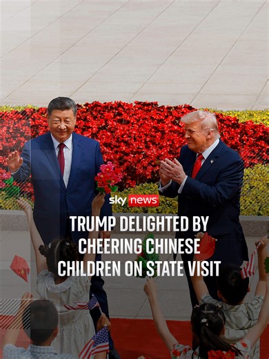 Donald Trump was delighted by the “happy and beautiful” children who welcomed him on the first day of the state visit. Crowds of children were cheering and waving flags during the military parade outside the Great Hall of People in Bejing. Trump called the two-day summit 'an honour like few have ever seen before' #skynews #donaldtrump #china