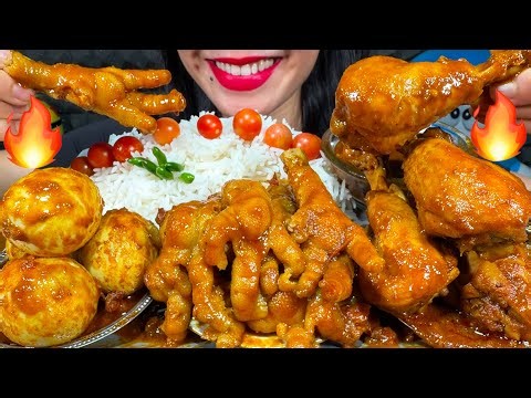 ASMR SPICY CHICKEN CURRY, CHICKEN FEET CURRY, EGG CURRY, RICE MUKBANG MASSIVE Eating Sounds