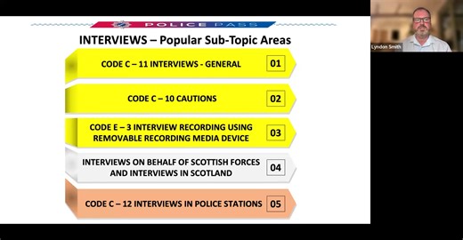 Topic Snapshot – Code C, E & F: Interviews This is a gold-reward area. In the last two PS exams it delivered heavily, so expect around 5 marks. Yes, it’s a big topic — but Police Pass has you covered with 70 videos (over 3 hours of teaching) and 130 MCQs. No other provider offers this level of depth or exam preparation. Top areas to prioritise: Code C, para 11 – General requirements Code C, para 10 – Cautions Code E, para 3 – Interview recording using removable recording media devices Also make 