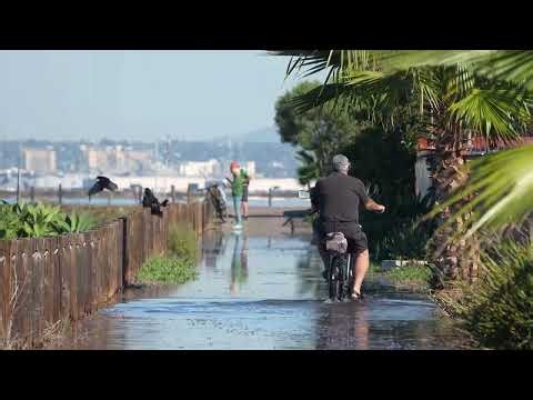 Cyclists Ride Through Flooded Bayshore Bikeway in Imperial Beach