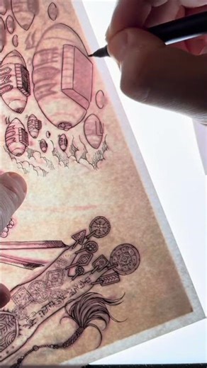 Intricate Pen Drawing of Surreal Floating Objects