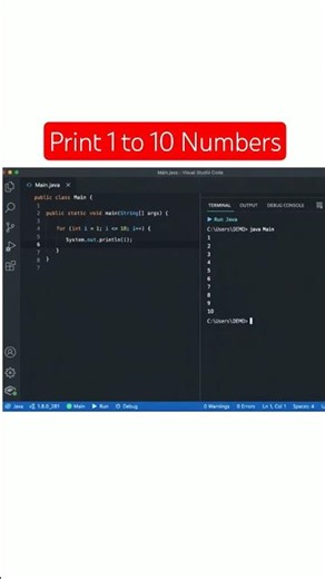 Print 1 to 10 Number Java coding#java #code