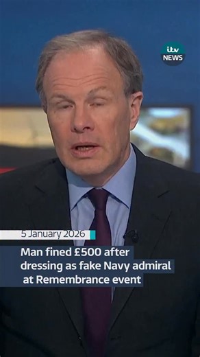 A man has been fined £500 after he admitted dressing as a Royal Navy admiral without permission at a Remembrance Sunday event. Jonathan Carley, 65, from Harlech, Gwynedd, appeared at Llandudno Magistrates’ Court on Monday, 5 January, charged with wearing uniform/dress bearing the mark of His Majesty’s Forces without permission. #itvnews #news | ITV News