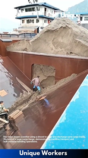 Maritime Transport: Worker Shoveling Sand Cargo Inside Cargo Hold of Barge