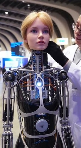 A high tech humanoid robot with a hyper realistic female face and blonde hair The robot's body is a