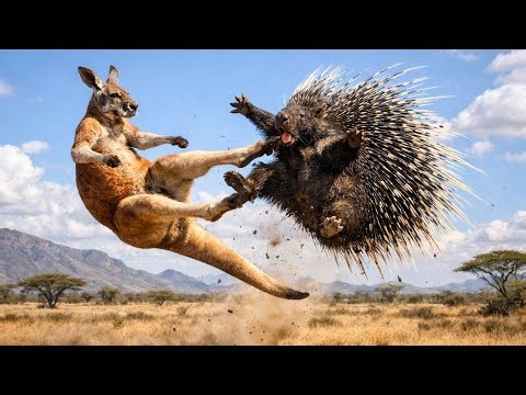Fierce Kangaroo Attacks a Porcupine on the Savanna