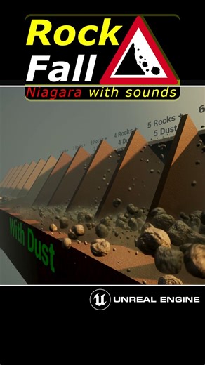 Niagara falling Rocks to Gravel sized with Dust on Unreal Engine