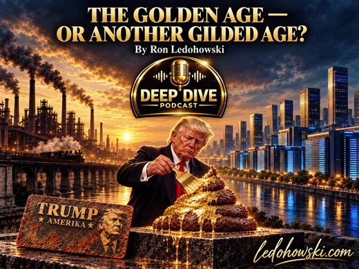 THE GOLDEN AGE — OR ANOTHER GILDED AGE? Deep Dive Podcast by Ron Ledohowski Donald Trump promises America a “Golden Age.” American history offers a striking comparison—and a harder question: could this become another Gilded Age? Railroads and industrial expansion once transformed the economy and created extraordinary fortunes. Today, artificial intelligence and the infrastructure behind it could bring another sweeping transformation. Protective tariffs, powerful business figures and renewed argu