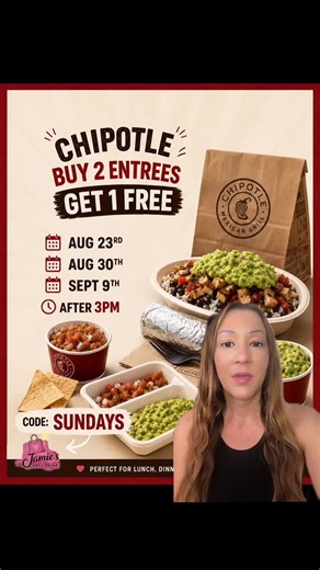 🌯 CHIPOTLE DEAL! Buy 2 entrées and get 1 FREE! 🙌 Available after 3PM on: 📅 Aug. 23 📅 Aug. 30 📅 Sept. 9 Use code SUNDAYS at checkout! ❤️ Perfect excuse for a Chipotle dinner tonight 👀 Tag someone you’re sharing this deal with! #Chipotle #ChipotleDeals #creatorsearchinsights #jamiesdailydeals
