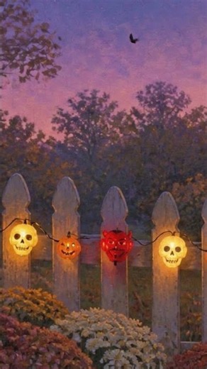 a bat flits over the halloween lights at twilight 🎃 #vintagehalloween oldies playing inside
