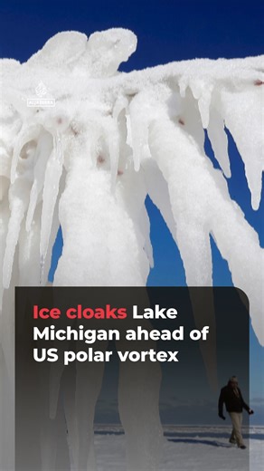 Drone footage shows ice building along the shores of Lake Michigan as a powerful winter storm driven by a stretched polar vortex threatens more than 160 million people across the US, bringing heavy snow, freezing rain and dangerous Arctic cold. | Al Jazeera English