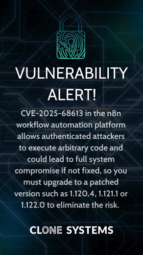 Clone Systems on Instagram: "Critical security news for anyone using automation tools. A severe remote code execution vulnerability has been identified in the n8n workflow automation platform and it carries an extremely high severity rating. The flaw stems from how expressions are evaluated within workflows and could allow authenticated users to execute arbitrary code, leading to full system compromise with elevated privileges. A broad range of versions are affected and researchers have identifi