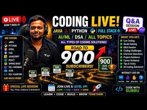 Coding LIVE | Java, Python, Full Stack, AI/ML & DSA | Road to 900 Subscribers 🚀 #live #livestream