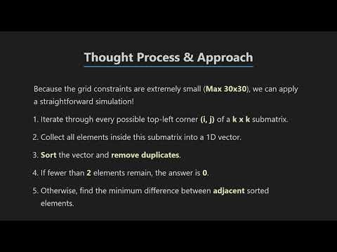 LeetCode 3567: Sliding Submatrix Minimum | Rice.AI Code Room