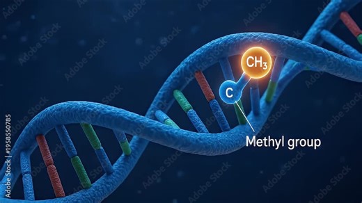 Methyl group attached to DNA strand chemical structure molecular biology genetic material DNA helix epigenetics DNA methylation concept with double helix highlighted methyl group CH3 carbon atom