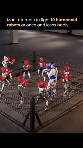 Robotiq AI on Instagram: "🚨 The Future Is Here — And It’s Already Fighting Back 🤖🥊 A man recently attempted to fight ten humanoid robots at once in a controlled robotics test — and what happened next shocked everyone watching. Within seconds, the demonstration turned into a clear display of how advanced modern robotics has become. Each robot was designed to read movement patterns, coordinate its balance after impact, and deliver consistent strikes without ever tiring. Unlike humans, the robot
