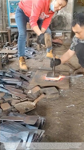 The process of shaping cooking spatulas in a traditional blacksmith shop.