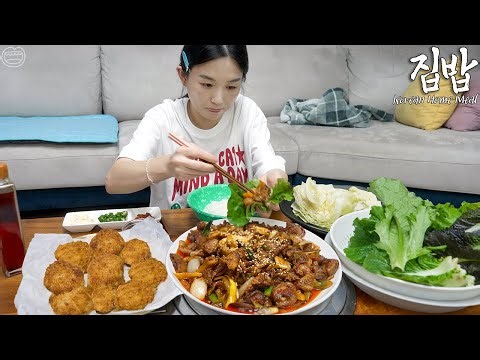 Real Mukbang:) Korean Soul Food Home Meal ☆ Spicy Stir-fried Pork, Mini Pork Cutlet, Vegetable Wrap