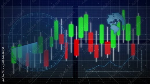 Main candlesticks shifting on navy finance grid, market data driving radar sweep and globe rotation