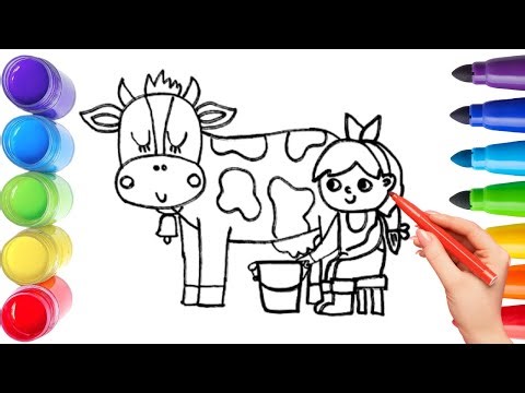 How To Draw milkmaid milking a cow Drawing, Painting & Coloring For Kids and Toddlers_ Child Art 🐋🌈🎨