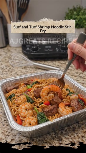 Surf and Turf Shrimp Noodle Stir-Fry Ingredients : 8 oz lo mein noodles 1/2 lb steak (sirloin or ribeye), cubed 1/2 lb shrimp, peeled & deveined 2 tbsp soy sauce 1 tbsp oyster sauce 1 tbsp hoisin sauce 2 cloves garlic, minced 1 tbsp fresh ginger, grated 1 cup baby spinach 1/2 cup carrots, sliced 1 tbsp sesame oil 2 tbsp vegetable oil Salt & black pepper to taste • 🍽️ How to Make It : 1️⃣ Cook the Noodles Boil noodles according to package directions, drain, and set aside. 2️⃣ Sear the Steak Heat