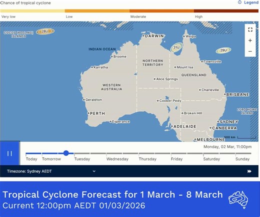 The monsoon trough is developing across northern Australia this weekend and is forecast to strengthen this week. This will bring widespread rain and thunderstorms, with locally heavy falls. The monsoon trough also increases the chance of tropical lows developing near and along the trough. Four separate tropical lows may develop in the coming days: • Tropical low 28U has formed west of Christmas Island. It has a moderate risk of developing into a tropical cyclone from Wednesday. • Tropical low 29