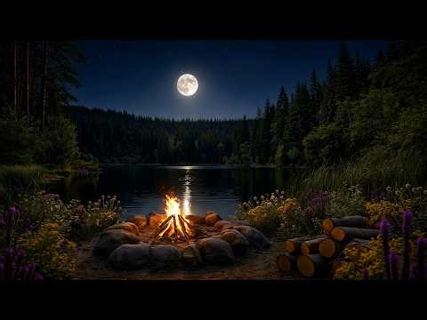 Drift into Deep Sleep by Moonlit Campfire with Gentle Crackling and Silent Night Lake 🌙🔥