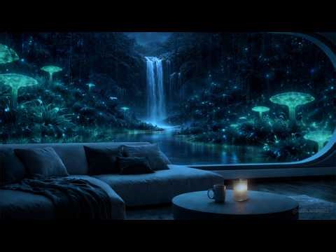 Peaceful Alien World | Futuristic Cabin with Glowing Waterfall & Rain (1 Hour)