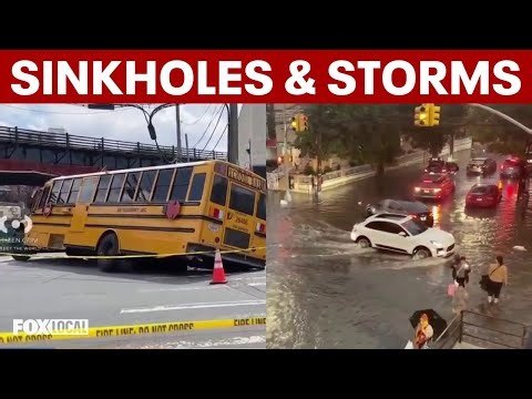 Storms flood Queens streets as sinkhole swallows school bus in the Bronx