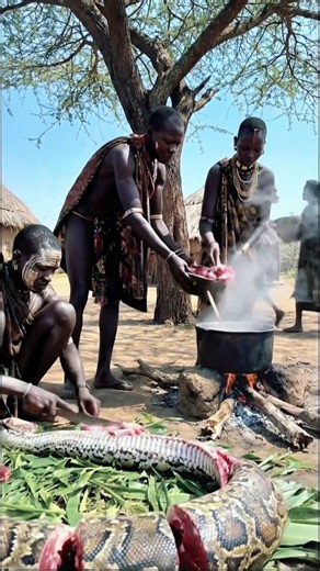 INSANE! Mursi Tribe Butchering Giant Python 🐍🔥 #triballife #tribalfood #shorts