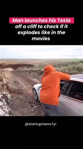 StartupNews Fyi on Instagram: "YouTuber Danny Duncan sent a Tesla Model 3 flying off a cliff to test one burning question: Do cars actually explode like they do in the movies? Before the jump, he demonstrated the sheer strength of Tesla’s reinforced glass and safety engineering. The crash itself was violent—airbags deployed mid-fall and the vehicle was completely totaled. But the result? No fire and no explosion. This viral stunt has reignited the debate around EV safety, crash physics, and just