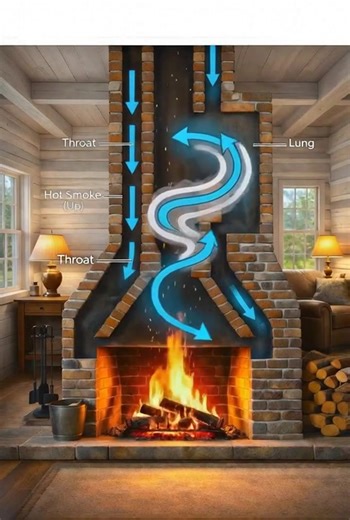 This illustration explains the physics behind an efficient chimney system and how it improves airflow inside a fireplace. When a fire burns, it produces hot smoke and gases that naturally rise upward because hot air is lighter than cold air. This upward movement creates a pressure difference, known as the stack effect, which pulls fresh air into the fireplace to keep the fire burning. The narrow section called the throat helps control and direct the rising smoke into the main vertical flue. On t