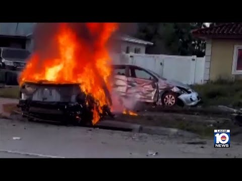Badly damaged vehicles left behind after fatal Opa-locka crash