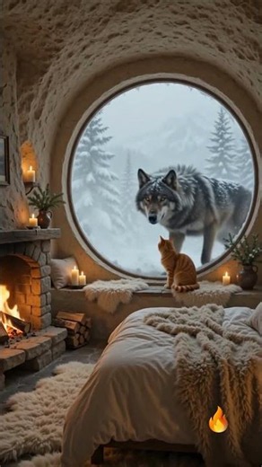Lone Wolf in Winter Cabin ❄️ Fireplace Ambience & Snowstorm Sounds for Sleep