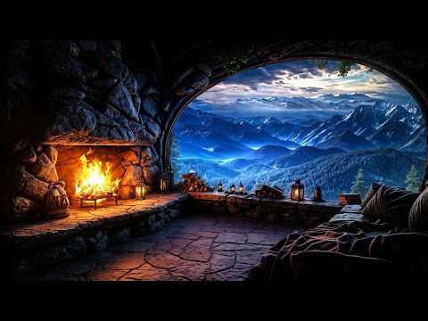 Mountain Cave Fireplace 4K | Crackling Fire & Peaceful Mountain View | Sleep, Relax, Study | 2 Hours