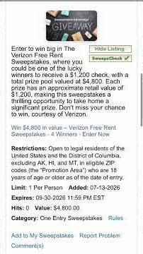 Claim your free entry with Verizon's Free Rent Sweepstakes!