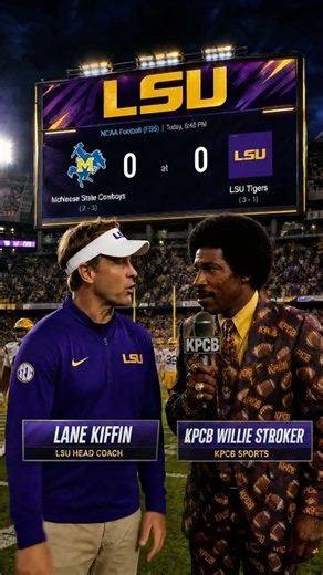 Willie Stroker from KPCB talks to LSU's Lane Kiffin before the big game LSU Tigers VS McNeese State