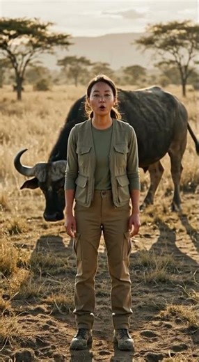 Cape buffalo bull charge in tall savanna grass