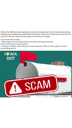 Iowa DOT warns of vehicle registration scam
