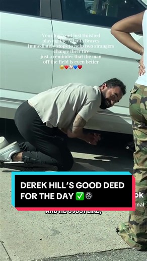 Good deed for the day ✅ Fresh off the field after a game, Derek Hill stepped in to help a pair of strangers with a tire change! #mlb #baseball #wholesome #phillies @Phillies