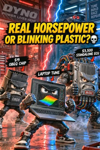 $19 OBD2 Flasher Chip vs $99 Pedal Booster Box vs Canned Pop-and-Bang Flash vs Piggyback Boost Box vs Laptop E85 Street Tune vs $3,500 Haltech Standalone ECU: Real Horsepower or Blinking Plastic? A nineteen-dollar yellow OBD-Two plug with a blinking green LED swears it adds thirty-five horsepower in five seconds. A ninety-nine-dollar pedal booster, a handheld pop-and-bang flasher, a piggyback boost box, a laptop on the passenger seat and a thirty-five-hundred-dollar standalone race ECU are ready