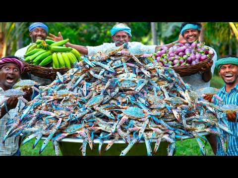 SPICY CRAB FRY & CRAB GRAVY | Brinjal & Raw Banana Mixed Village Style Seafood Recipe Cooking Eating