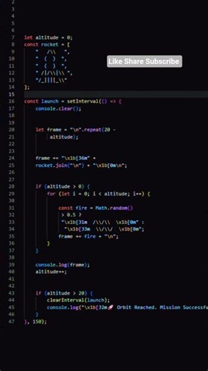 6/30—JavaScript Code [Animated Terminal Rocket Launch]#codequest.#coding #javascript #ytshorts