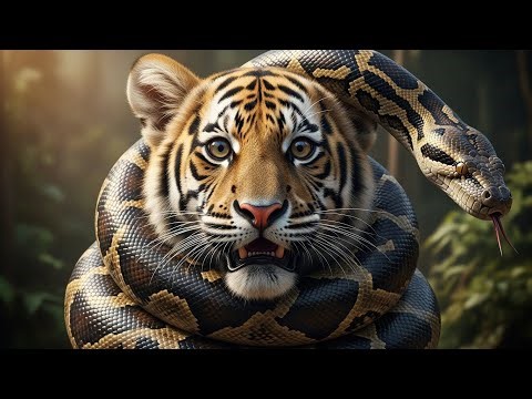 A Tiny Tiger Cub Trapped by a Giant Python
