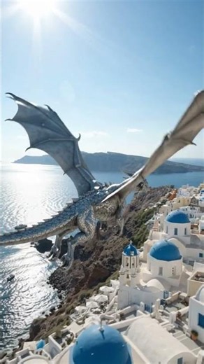 Silver Dragon Sweeps Across Santorini Cliffs