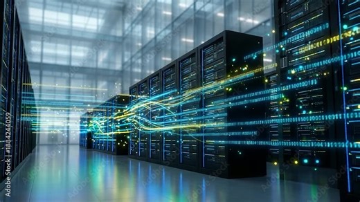 Data Center: A server room shows the complex and interconnected systems that drive today's digital landscape, the image conveys a sense of technological advancement, security, and efficiency