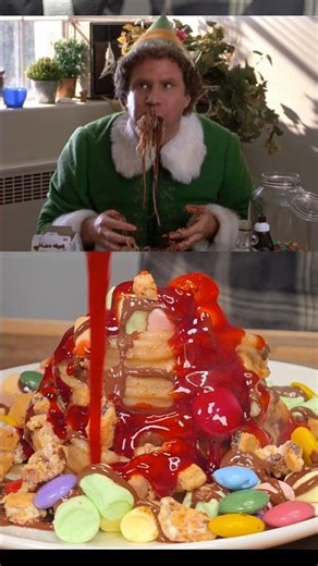 Buddy's Festive Choco-covered Candy Noodle Creation!🍝 #shorts #elf #dessert #spgahetti